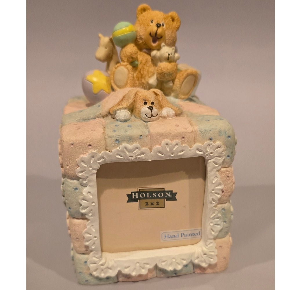 Holson 1993 Hand Painted Baby Photo Picture Frame Teddy Bear Puppy Collectible